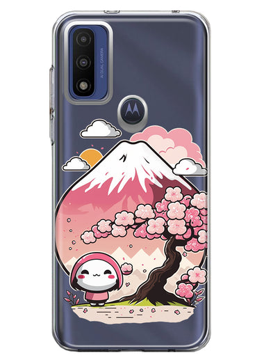 Motorola Moto G Play 2023 Kawaii Manga Pink Cherry Blossom Fuji Mountain Mochi Girl Hybrid Protective Phone Case Cover