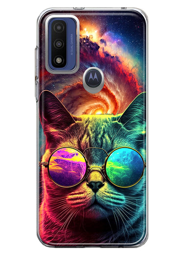 Motorola Moto G Pure G Power 2022 Neon Rainbow Galaxy Cat Hybrid Protective Phone Case Cover