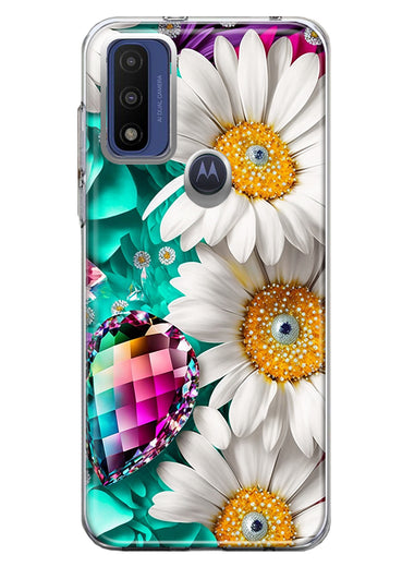Motorola Moto G Pure Colorful Crystal White Daisies Rainbow Gems Teal Double Layer Phone Case Cover