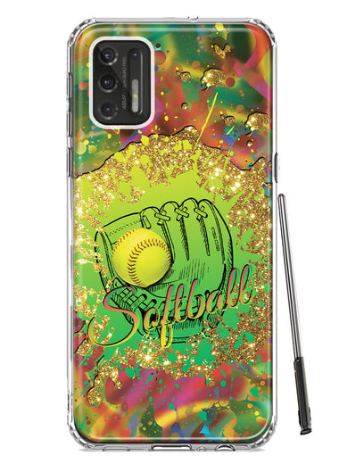 Motorola Moto G Stylus 4G 2021 Love Softball Girls Glove Green Tie Dye Swirl Paint Hybrid Protective Phone Case Cover