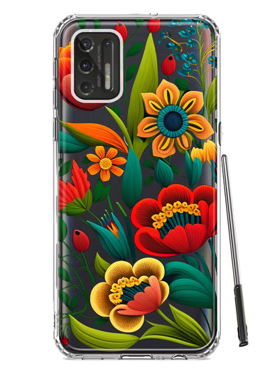 Motorola Moto G Stylus 4G 2021 Colorful Red Orange Folk Style Floral Vibrant Spring Flowers Hybrid Protective Phone Case Cover