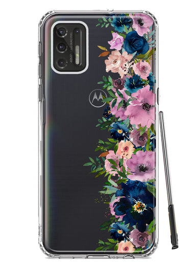 Motorola Moto G Stylus 4G 2021 Navy Blue Summer Watercolor Floral Classic Purple Flowers Hybrid Protective Phone Case Cover