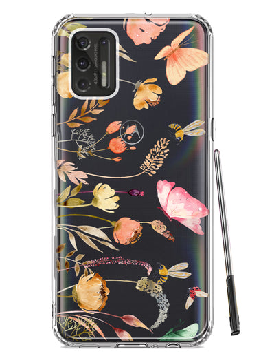 Motorola Moto G Stylus 4G 2021 Peach Meadow Wildflowers Butterflies Bees Watercolor Floral Hybrid Protective Phone Case Cover