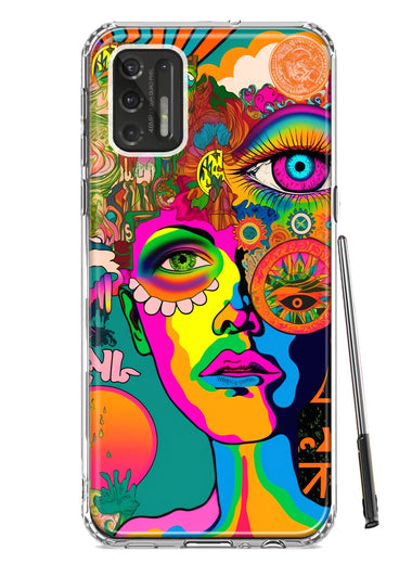 Motorola Moto G Stylus 2021 Neon Rainbow Psychedelic Hippie One Eye Pop Art Hybrid Protective Phone Case Cover