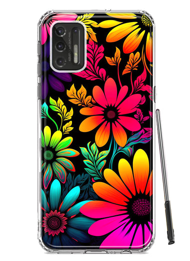 Motorola Moto G Stylus 2021 Neon Rainbow Glow Colorful Abstract Flowers Floral Hybrid Protective Phone Case Cover