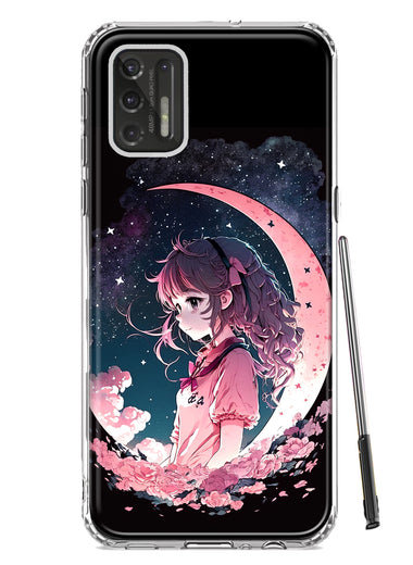 Motorola Moto G Stylus 2021 Kawaii Manga Pink Cherry Blossom Dreaming Moon Girl Hybrid Protective Phone Case Cover