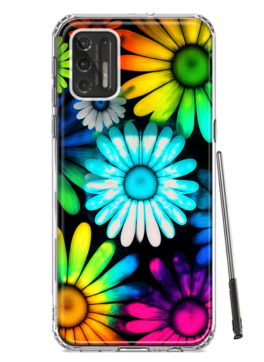 Motorola Moto G Stylus 2021 Neon Rainbow Daisy Glow Colorful Daisies Baby Blue Pink Yellow White Double Layer Phone Case Cover