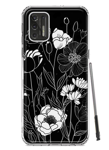 Motorola Moto G Stylus 2021 Line Drawing Art White Floral Flowers Hybrid Protective Phone Case Cover