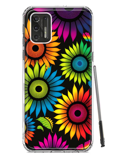 Motorola Moto G Stylus 2021 Neon Rainbow Glow Sunflowers Colorful Floral Pink Purple Double Layer Phone Case Cover