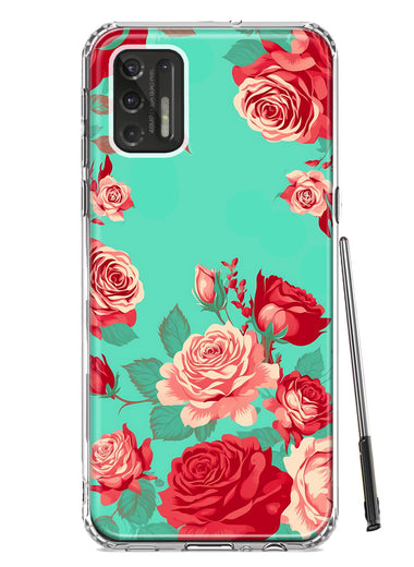 Motorola Moto G Stylus 2021 Turquoise Teal Vintage Pastel Pink Red Roses Double Layer Phone Case Cover