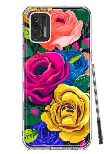 Motorola Moto G Stylus 2021 Vintage Pastel Abstract Colorful Pink Yellow Blue Roses Double Layer Phone Case Cover