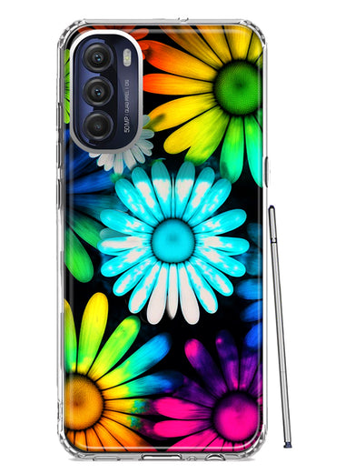 Motorola Moto G Stylus 5G 2022 Neon Rainbow Daisy Glow Colorful Daisies Baby Blue Pink Yellow White Double Layer Phone Case Cover