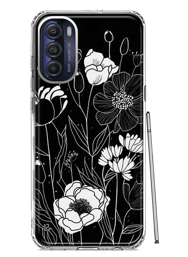 Motorola Moto G Stylus 5G 2022 Line Drawing Art White Floral Flowers Hybrid Protective Phone Case Cover