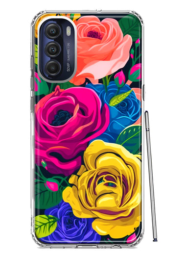Motorola Moto G Stylus 4G 2022 Vintage Pastel Abstract Colorful Pink Yellow Blue Roses Double Layer Phone Case Cover