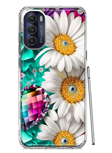 Motorola Moto G Stylus 4G 2022 Colorful Crystal White Daisies Rainbow Gems Teal Double Layer Phone Case Cover