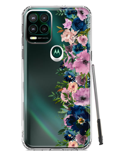 Motorola Moto G Stylus 5G 2021 Navy Blue Summer Watercolor Floral Classic Purple Flowers Hybrid Protective Phone Case Cover