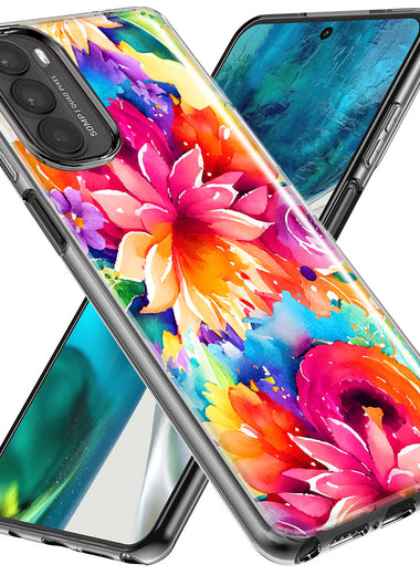 Motorola Moto G Stylus 5G 2023 Watercolor Paint Summer Rainbow Flowers Bouquet Bloom Floral Hybrid Protective Phone Case Cover