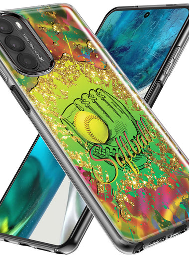 Motorola Moto G Stylus 5G 2023 Love Softball Girls Glove Green Tie Dye Swirl Paint Hybrid Protective Phone Case Cover