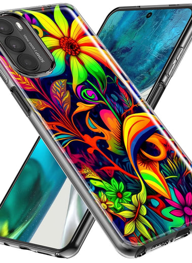 Motorola Moto G Stylus 5G 2023 Neon Rainbow Psychedelic Trippy Hippie Daisy Flowers Hybrid Protective Phone Case Cover