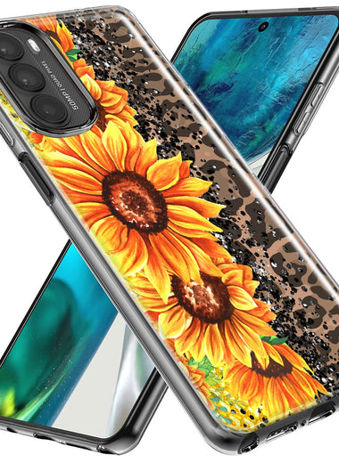 Motorola Moto G Stylus 5G 2023 Yellow Summer Sunflowers Brown Leopard Honeycomb Hybrid Protective Phone Case Cover