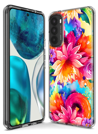 Motorola Moto G Play 2021 Watercolor Paint Summer Rainbow Flowers Bouquet Bloom Floral Hybrid Protective Phone Case Cover