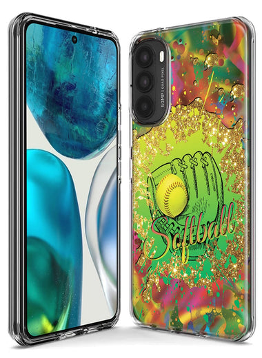 Motorola Moto One 5G Love Softball Girls Glove Green Tie Dye Swirl Paint Hybrid Protective Phone Case Cover