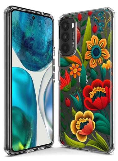 Motorola Moto G Play 2021 Colorful Red Orange Folk Style Floral Vibrant Spring Flowers Hybrid Protective Phone Case Cover