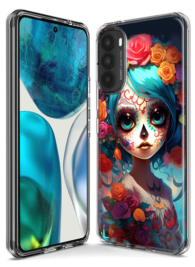Motorola Moto G Play 2021 Halloween Spooky Colorful Day of the Dead Skull Girl Hybrid Protective Phone Case Cover