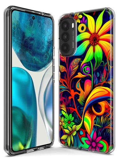 Motorola Moto G Power 2021 Neon Rainbow Psychedelic Trippy Hippie Daisy Flowers Hybrid Protective Phone Case Cover