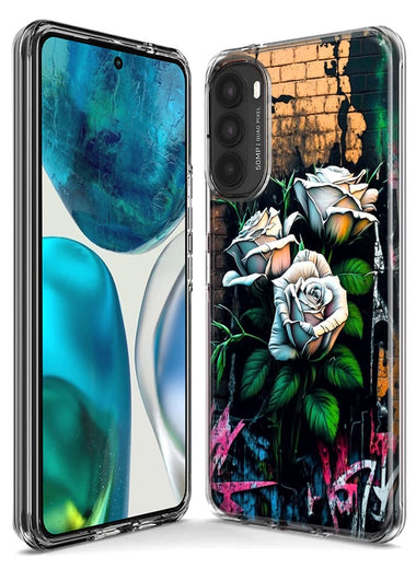 Motorola Moto G Play 2023 White Roses Graffiti Wall Art Painting Hybrid Protective Phone Case Cover