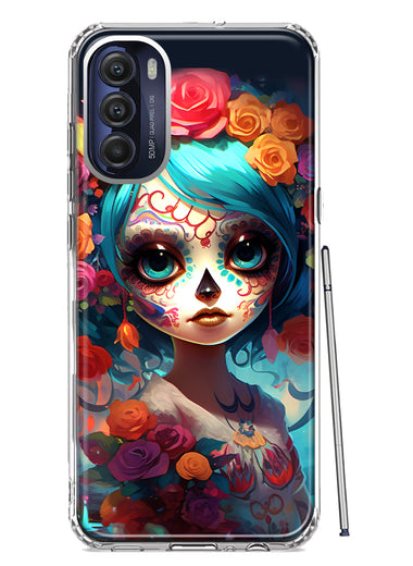 Motorola Moto G Stylus 4G 2022 Halloween Spooky Colorful Day of the Dead Skull Girl Hybrid Protective Phone Case Cover