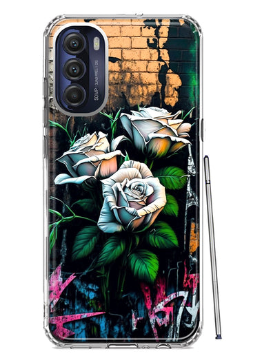 Motorola Moto G Stylus 4G 2022 White Roses Graffiti Wall Art Painting Hybrid Protective Phone Case Cover