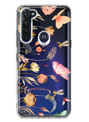 Motorola Moto G Stylus 2020 Peach Meadow Wildflowers Butterflies Bees Watercolor Floral Hybrid Protective Phone Case Cover