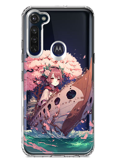 Motorola Moto G Stylus 2020 Kawaii Manga Pink Cherry Blossom Japanese Girl Boat Hybrid Protective Phone Case Cover