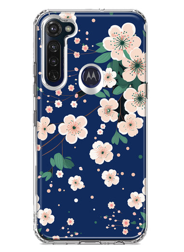 Motorola Moto G Stylus 2020 Kawaii Japanese Pink Cherry Blossom Navy Blue Hybrid Protective Phone Case Cover