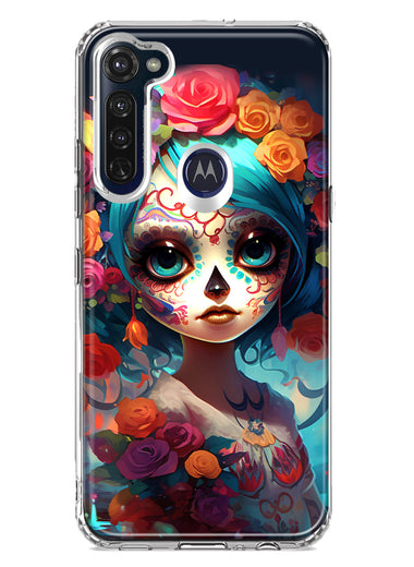 Motorola Moto G Stylus 2020 Halloween Spooky Colorful Day of the Dead Skull Girl Hybrid Protective Phone Case Cover