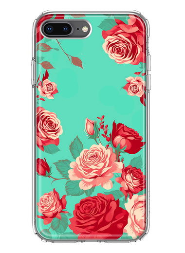 Apple iPhone 7/8 Plus Turquoise Teal Vintage Pastel Pink Red Roses Double Layer Phone Case Cover