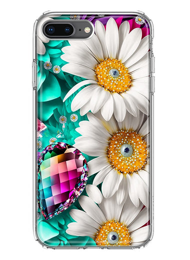 Apple iPhone 7/8 Plus Colorful Crystal White Daisies Rainbow Gems Teal Double Layer Phone Case Cover