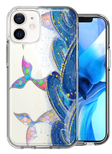 Apple iPhone 12 Mini Rainbow Mermaid Tails Scales Ocean Waves Beach Girls Summer Double Layer Phone Case Cover