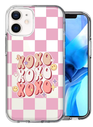 Apple iPhone 12 Retro Pink Checkered XOXO Vintage 70s Style Hippie Valentine Love Double Layer Phone Case Cover