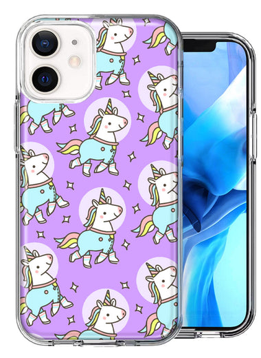 Apple iPhone 12 Cute Unicorns Purple Design Double Layer Phone Case Cover