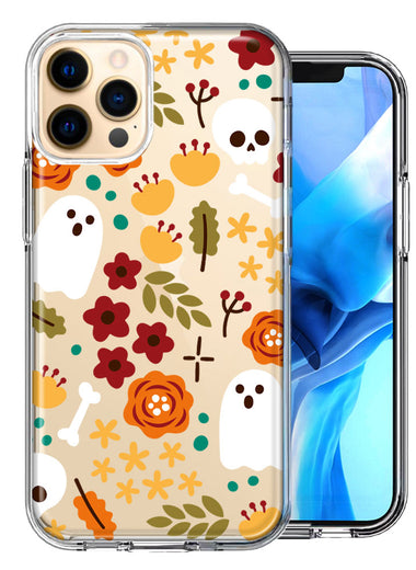 Apple iPhone 11 Pro Max Spooky Season Fall Autumn Flowers Ghosts Skulls Halloween Double Layer Phone Case Cover