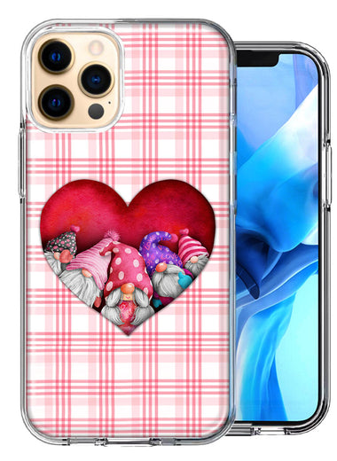 Apple iPhone 11 Pro Max Valentine's Day Garden Gnomes Heart Love Pink Plaid Double Layer Phone Case Cover