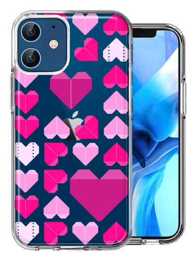 Apple iPhone 12 Pink Purple Origami Valentine's Day Polkadot Hearts Design Double Layer Phone Case Cover