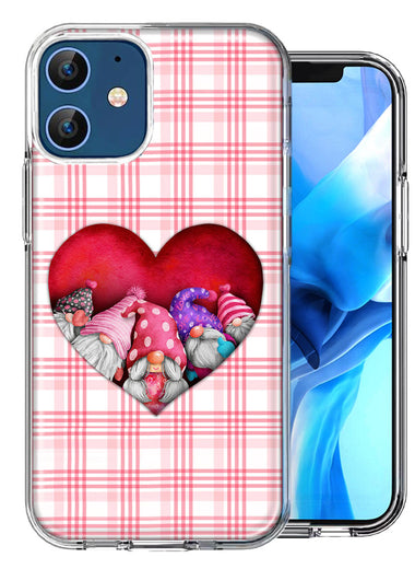 Apple iPhone 12 Valentine's Day Garden Gnomes Heart Love Pink Plaid Double Layer Phone Case Cover
