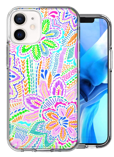 Apple iPhone 12 Mini Colorful Summer Flowers Doodle Art Design Double Layer Phone Case Cover