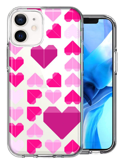 Apple iPhone 12 Mini Pink Purple Origami Valentine's Day Polkadot Hearts Design Double Layer Phone Case Cover