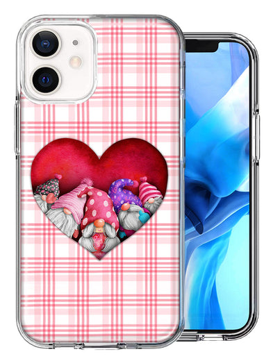 Apple iPhone 12 Mini Valentine's Day Garden Gnomes Heart Love Pink Plaid Double Layer Phone Case Cover