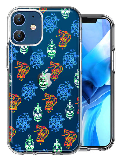 Apple iPhone 12 Snakes Skulls Roses Design Double Layer Phone Case Cover