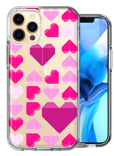 Apple iPhone 12 Pro Pink Purple Origami Valentine's Day Polkadot Hearts Design Double Layer Phone Case Cover